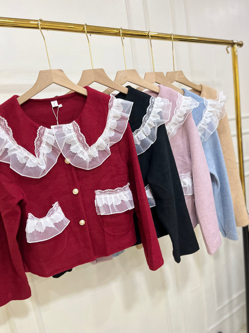 Ladies Aesthetic Frill Lace Border Winter Cardigan